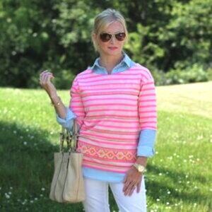 J.Crew Neon Pink Stripe Boat Betau Neck Embroidered Aztec Top - Small